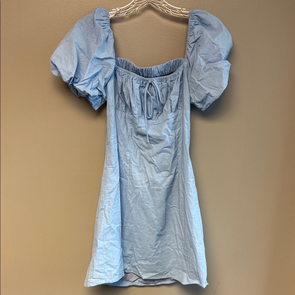 Princess Polly Linen Blend Mini Dress Size 6 Blue Puff Sleeve NWT